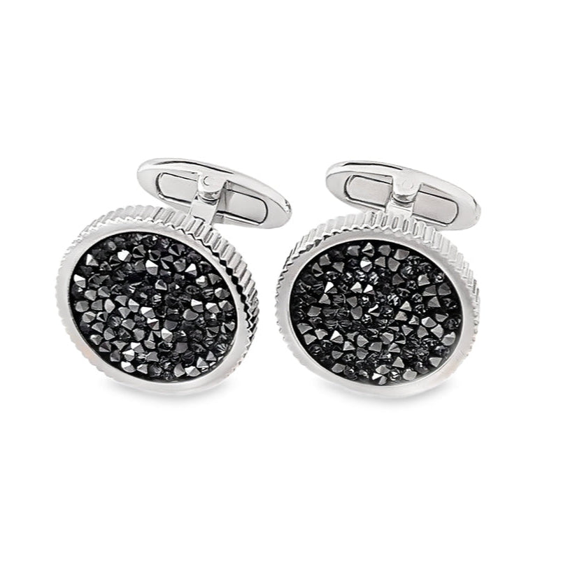 Ribbed Circle Cufflinks With Rock Swarovski Crystals