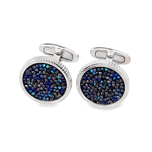 Ribbed Circle Cufflinks With Rock Swarovski Crystals